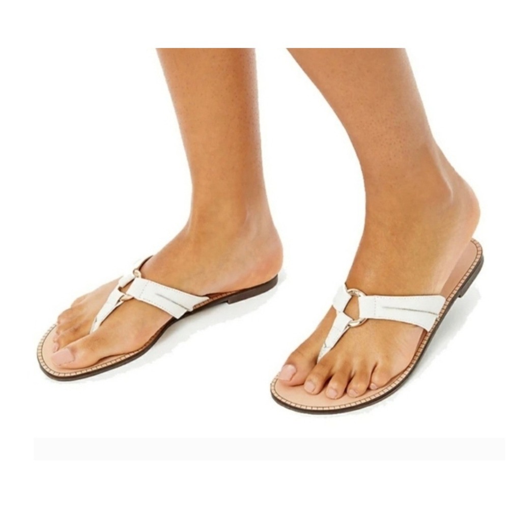 Lilly Pulitzer McKim Sandal Resort White Leather Thong Flat Gold Ring Size 6.5M